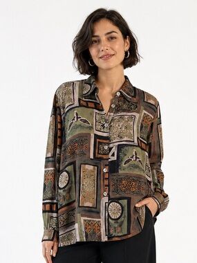 Vintage 80s Chagall Cubist Moth Floral Geometric Button-Down Shirt Large?